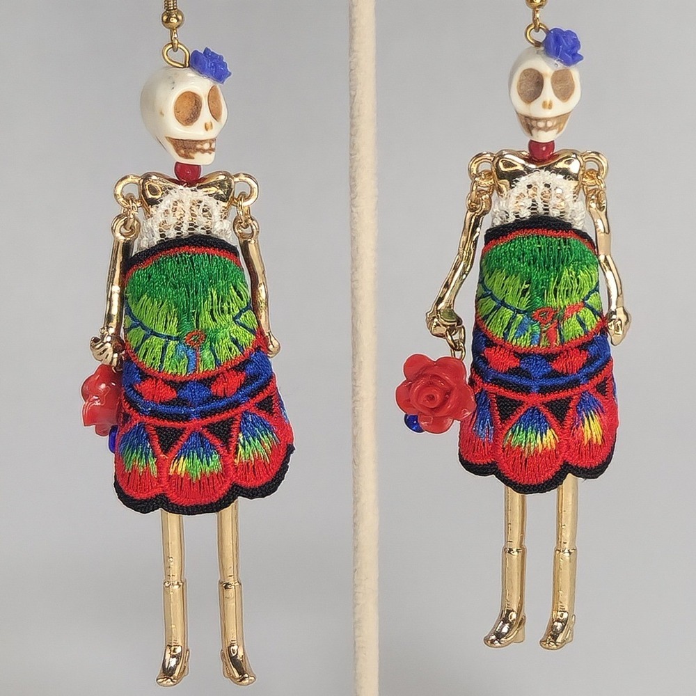 Articulated Skeleton Earrings Halloween Day of the Dead Embroidered Dangle